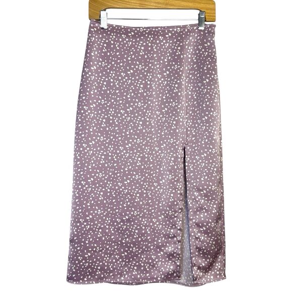 NEW Abercrombie & Fitch Satin Midi Skirt Small Purple White Polka Dot Front Slit - Picture 1 of 7